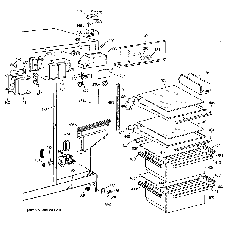 FRESH FOOD SECTION Diagram and Parts List for MSZ20GABEWW  General Electric Refrigerator