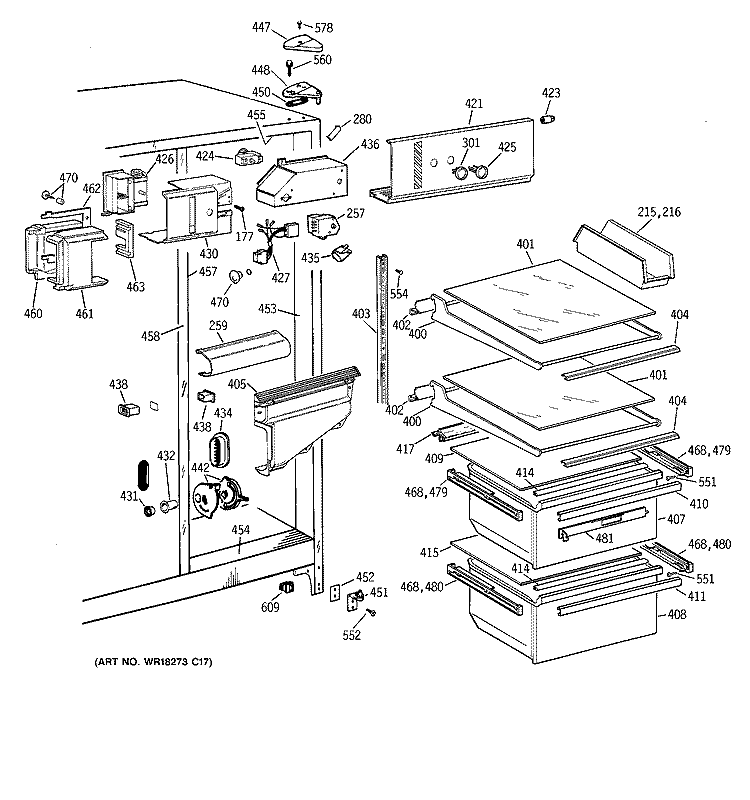 FRESH FOOD SECTION Diagram and Parts List for MSK25GACEAA  General Electric Refrigerator