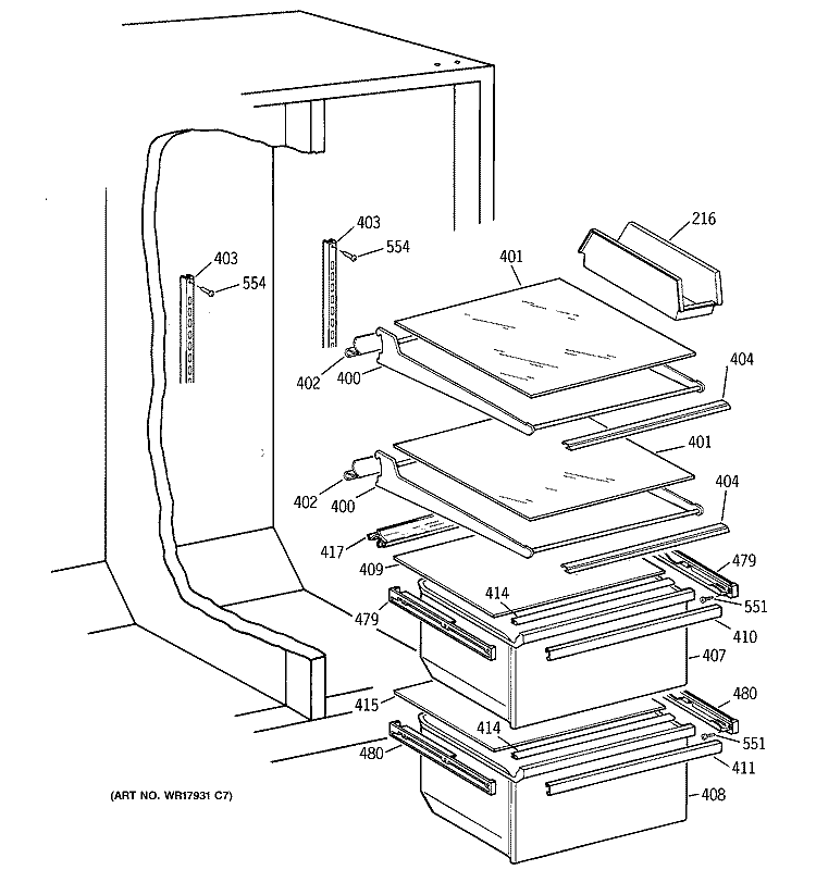 FRESH FOOD SECTION Diagram and Parts List for MST20GABEWW  General Electric Refrigerator