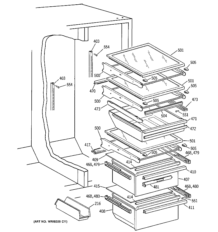 FRESH FOOD SECTION Diagram and Parts List for MSK28DRBEAA  General Electric Refrigerator