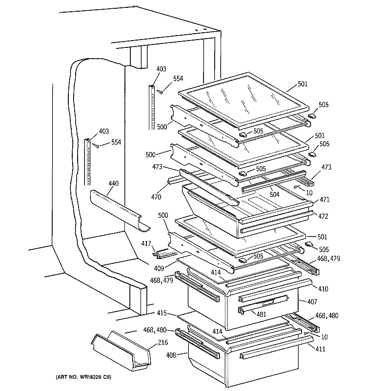 FRESH FOOD SECTION Diagram and Parts List for MSK30DHBEAA  General Electric Refrigerator