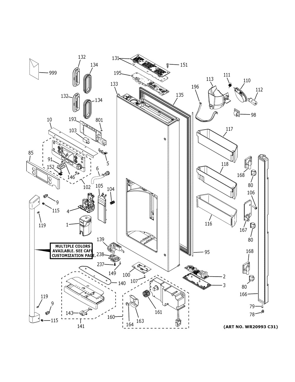 Dispenser Door Diagram and Parts List for CFE28UP2MDS1  General Electric Refrigerator