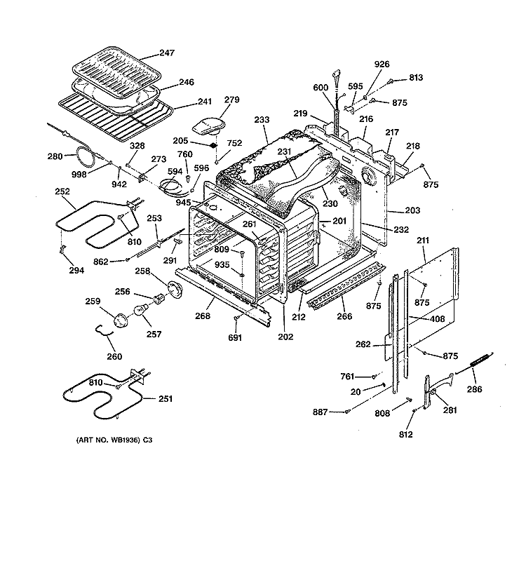 BODY PARTS Diagram and Parts List for ZEK735WW1WW  General Electric Wall Oven