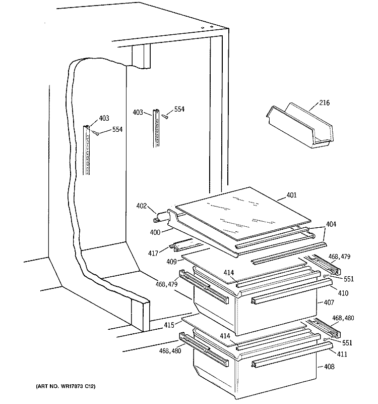 FRESH FOOD SECTION Diagram and Parts List for TFX20JABAWW  General Electric Refrigerator