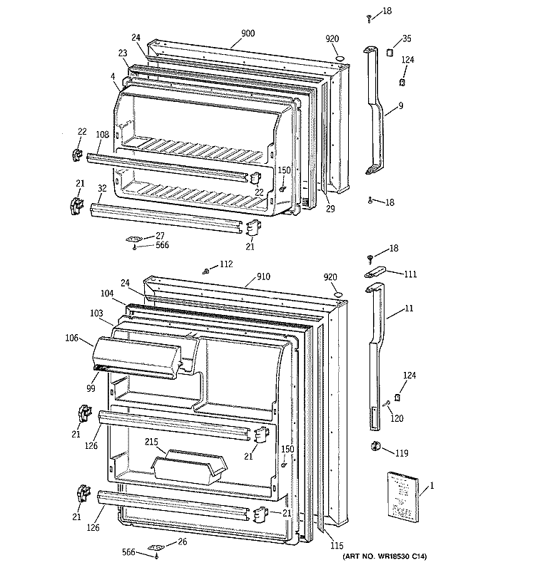 DOORS Diagram and Parts List for MTT14EABBRAA  General Electric Refrigerator