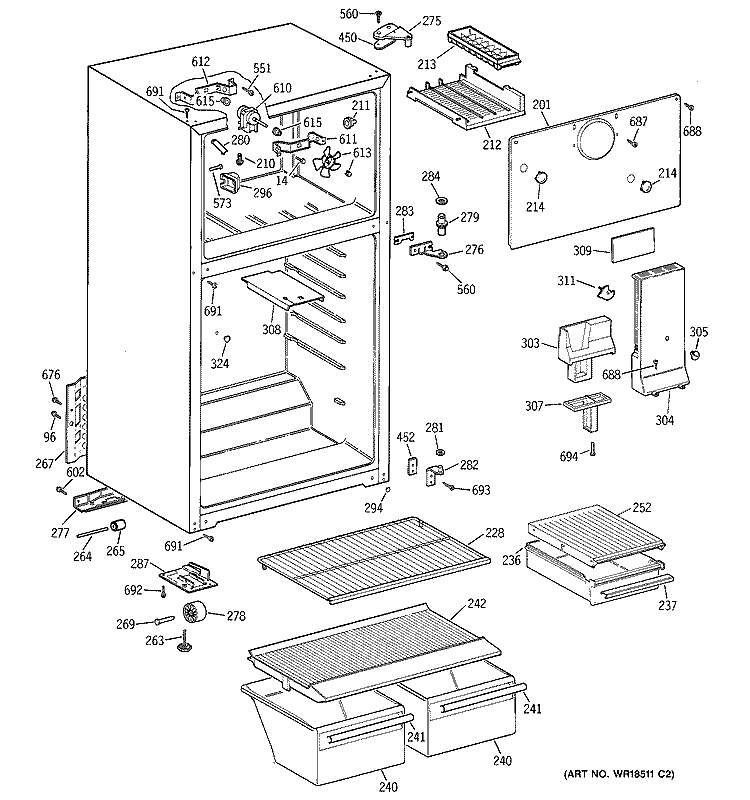 CABINET Diagram and Parts List for MTG14EACCRWW  General Electric Refrigerator