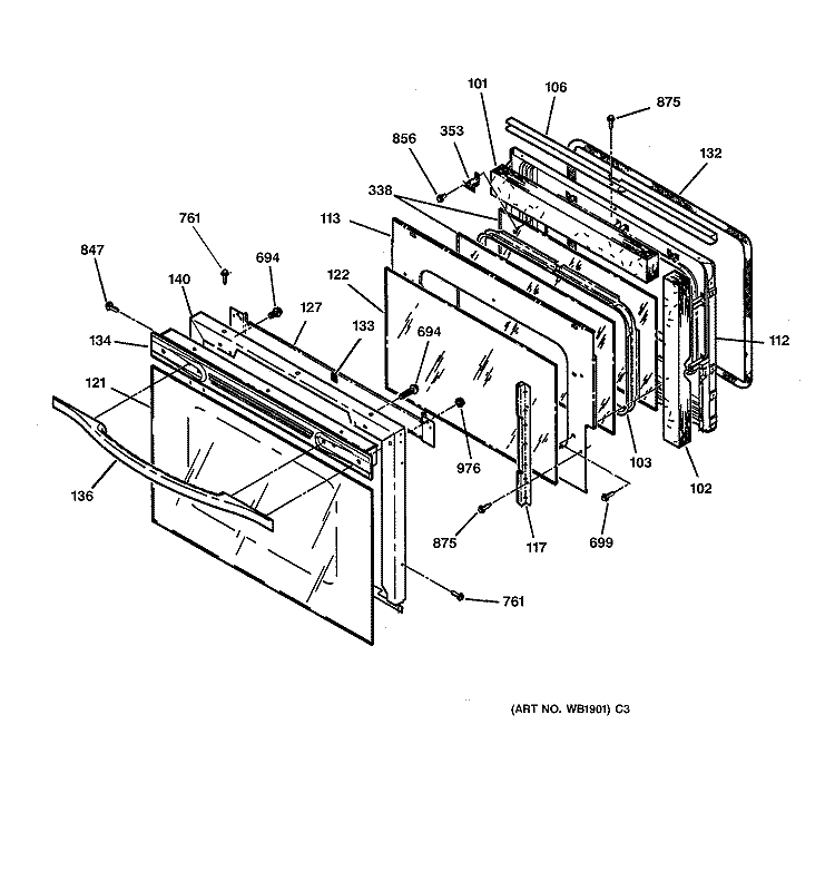 DOOR Diagram and Parts List for JT950CA1CC  General Electric Wall Oven