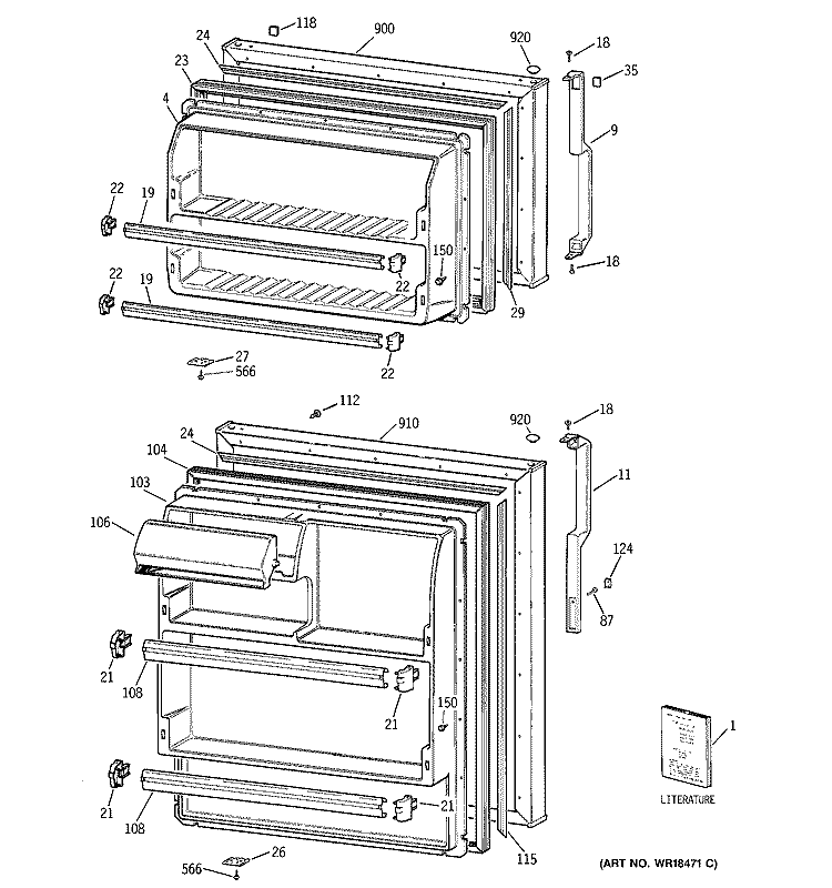 DOORS Diagram and Parts List for TBX16SABNLWW  General Electric Refrigerator