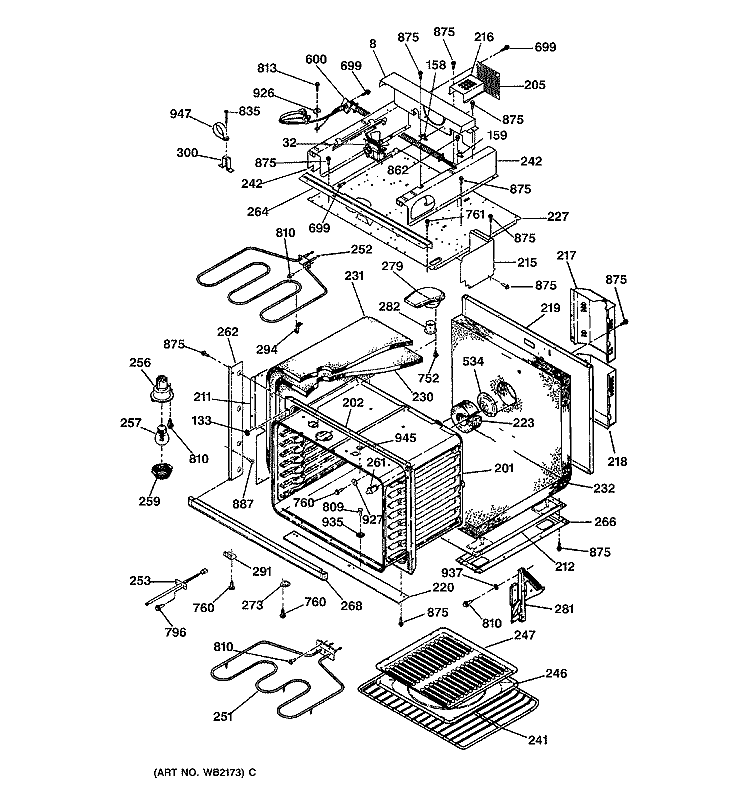 OVEN BODY WITH MICROWAVE SUPPORT Diagram and Parts List for JTP85BA2BB  General Electric Microwave Oven Combo