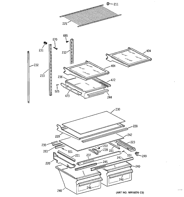 SHELVES & DRAWERS Diagram and Parts List for TBX21GIDARWW  General Electric Refrigerator