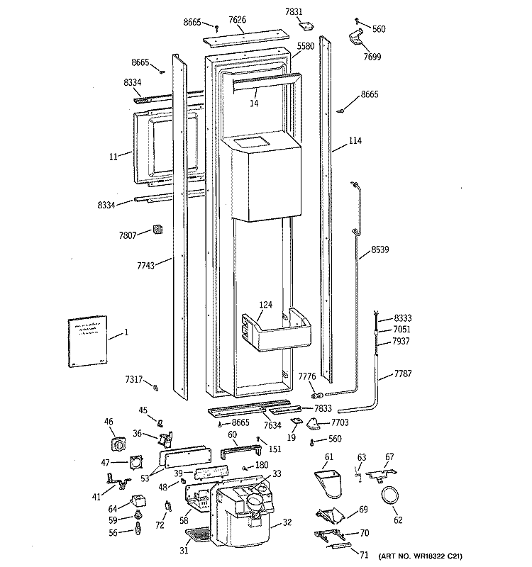 FREEZER DOOR Diagram and Parts List for ZISW36DCA  General Electric Refrigerator