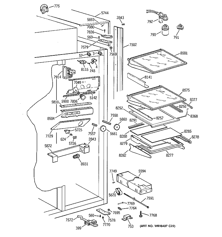 FRESH FOOD SECTION Diagram and Parts List for ZISS48NCASS  General Electric Refrigerator