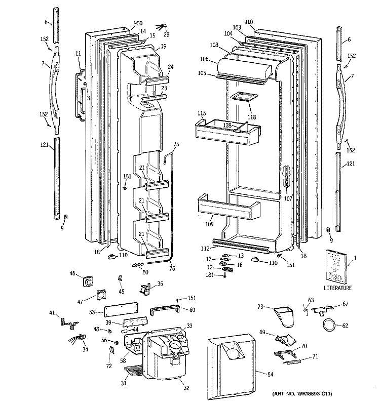 DOORS Diagram and Parts List for TFT22JWDAAA  General Electric Refrigerator