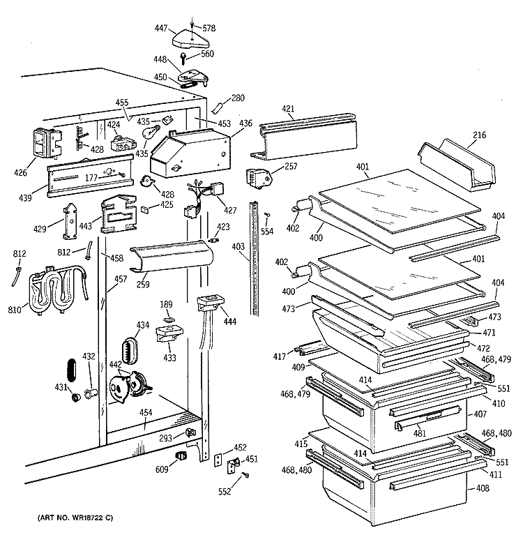 FRESH FOOD SECTION Diagram and Parts List for TFT22JWDAAA  General Electric Refrigerator