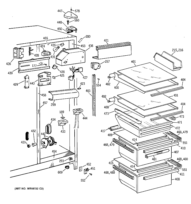 FRESH FOOD SECTION Diagram and Parts List for TFT22JADAAA  General Electric Refrigerator