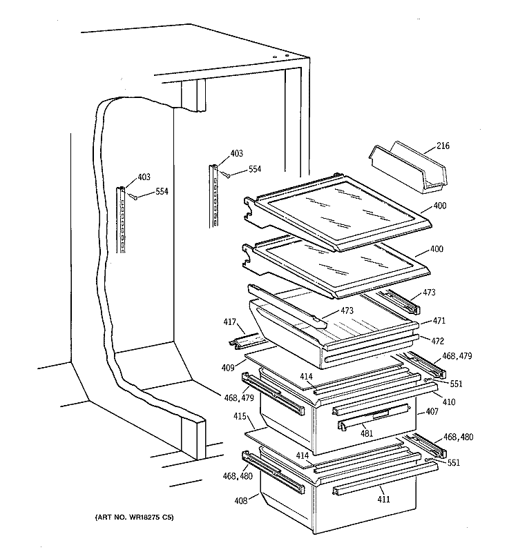 FRESH FOOD SECTION Diagram and Parts List for TFX22QPDABB  General Electric Refrigerator