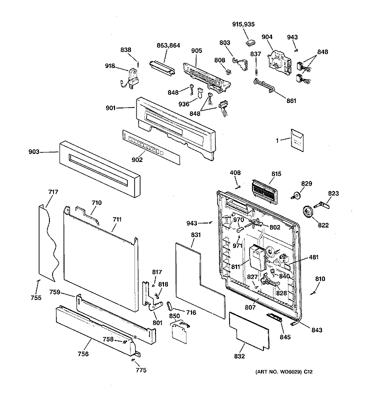 ESCUTCHEON & DOOR ASSEMBLY Diagram and Parts List for ZBD4500D00SS  General Electric Dishwasher