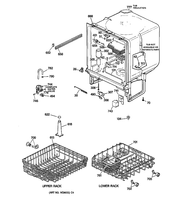 BODY PARTS Diagram and Parts List for GSD3230ZZ3WW  General Electric Dishwasher