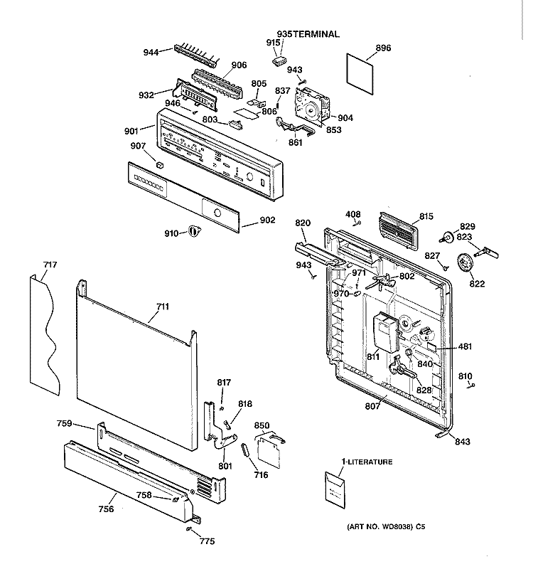 ESCUTCHEON & DOOR ASSEMBLY Diagram and Parts List for GSD3610ZZ3AA  General Electric Dishwasher