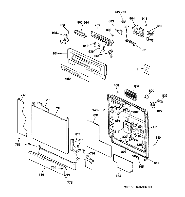 ESCUTCHEON & DOOR ASSEMBLY Diagram and Parts List for ZBD4200D00BB  General Electric Dishwasher