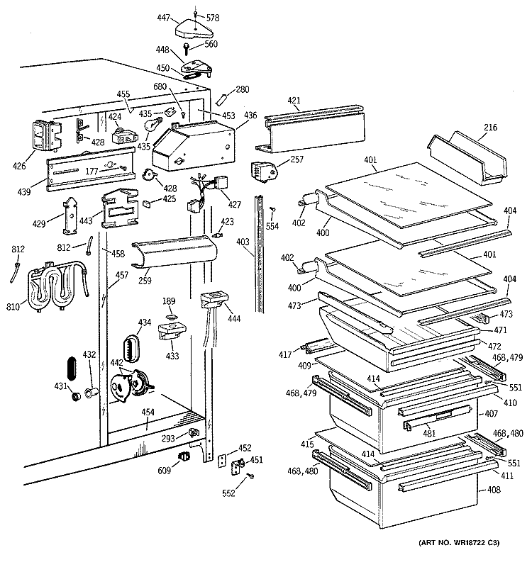 FRESH FOOD SECTION Diagram and Parts List for TFT25JWBGWW  General Electric Refrigerator