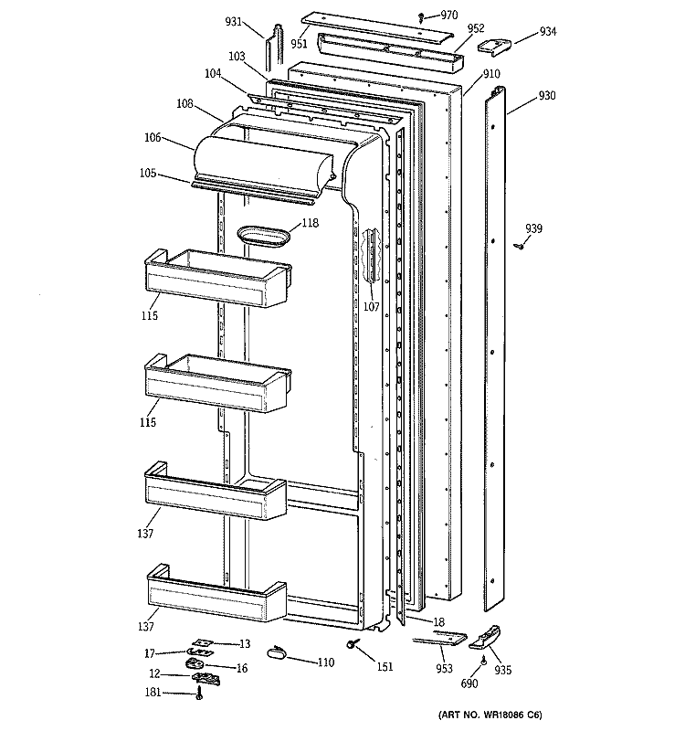 FRESH FOOD DOOR Diagram and Parts List for TPX21BRDABB  General Electric Refrigerator