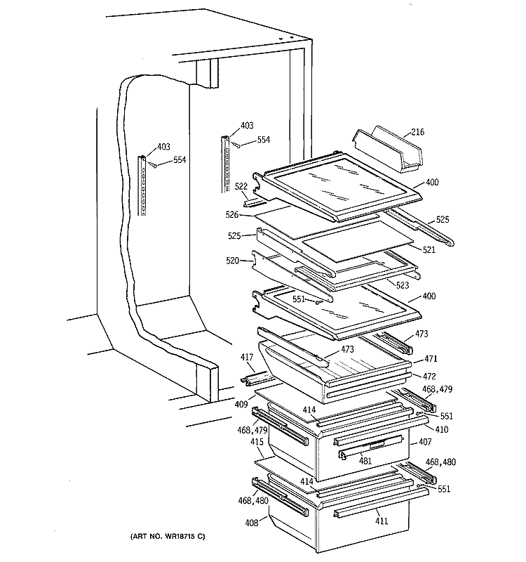 FRESH FOOD SECTION Diagram and Parts List for TFX26CRDABB  General Electric Refrigerator