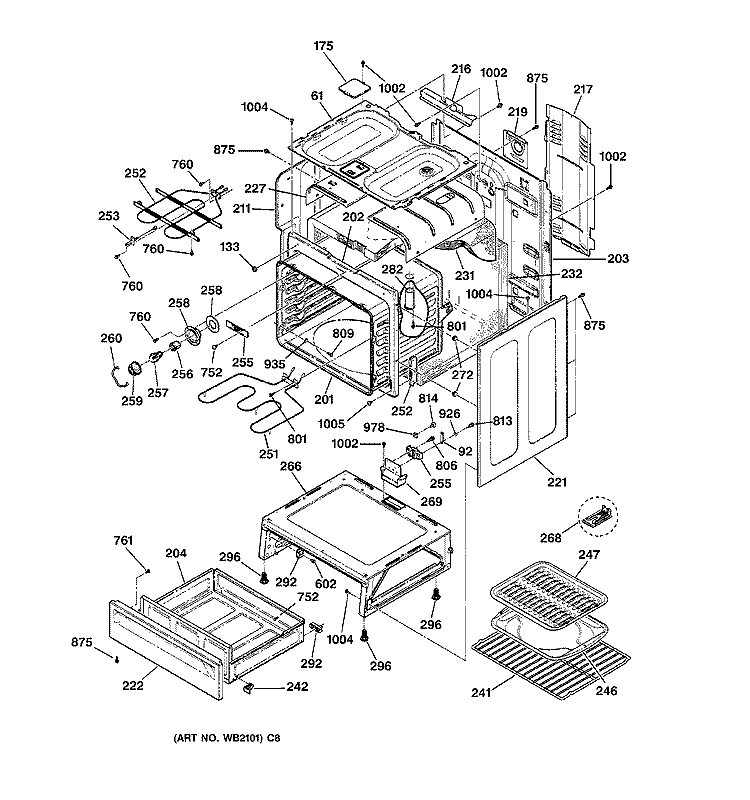 BODY & DRAWER PARTS Diagram and Parts List for JBP30WXB1WW  General Electric Range