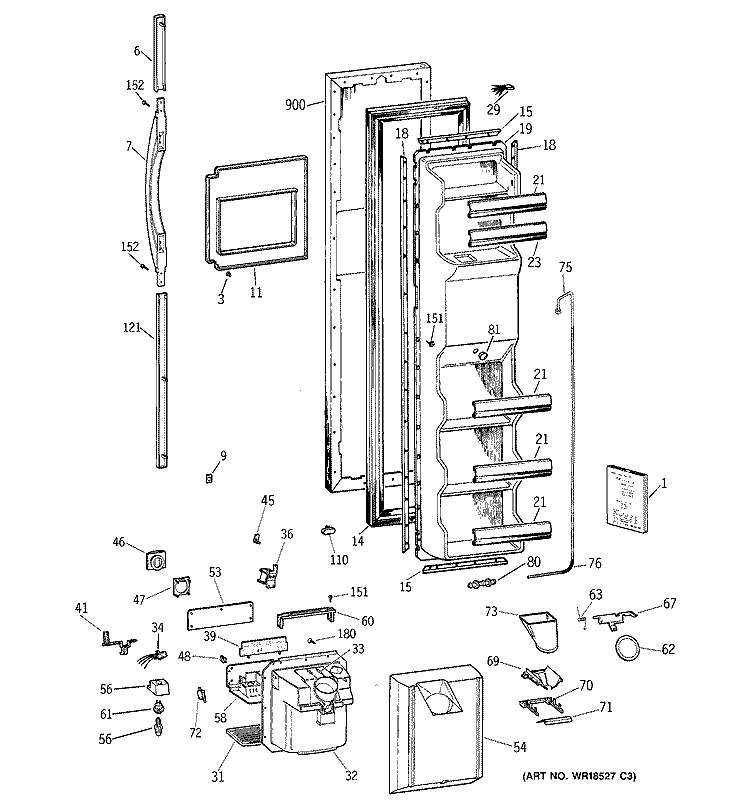 FREEZER DOOR Diagram and Parts List for TFX26KRDAAA  General Electric Refrigerator