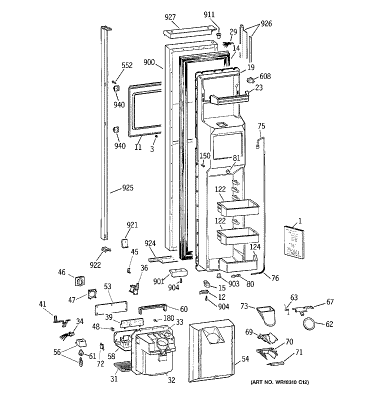 FREEZER DOOR Diagram and Parts List for TPX24BPDAWW  General Electric Refrigerator