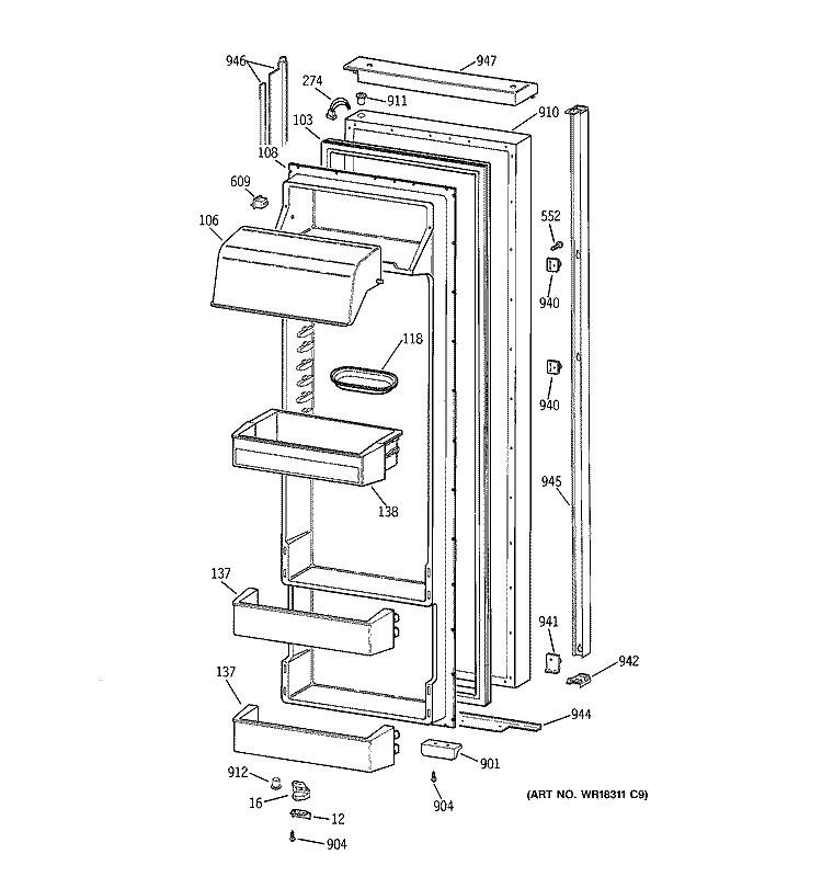 FRESH FOOD DOOR Diagram and Parts List for TPX24BPDAWW  General Electric Refrigerator