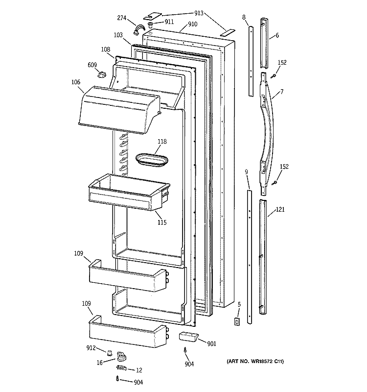 FRESH FOOD DOOR Diagram and Parts List for TPG24PRDAWW  General Electric Refrigerator