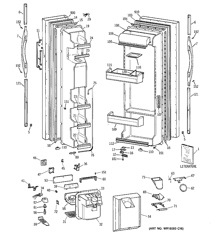 DOORS Diagram and Parts List for TFG22JRDAWH  General Electric Refrigerator
