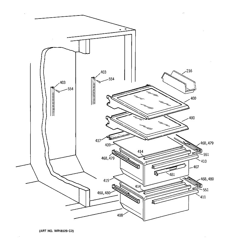 FRESH FOOD SHELVES Diagram and Parts List for TFM26KRDAWW  General Electric Refrigerator