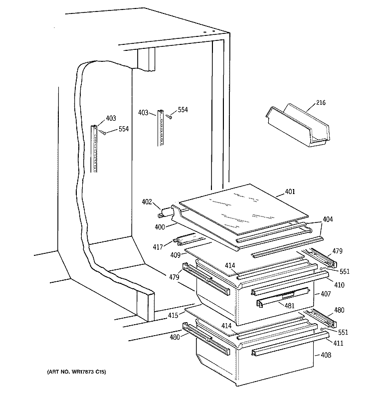 FRESH FOOD SECTION Diagram and Parts List for TFX20JABKAA  General Electric Refrigerator