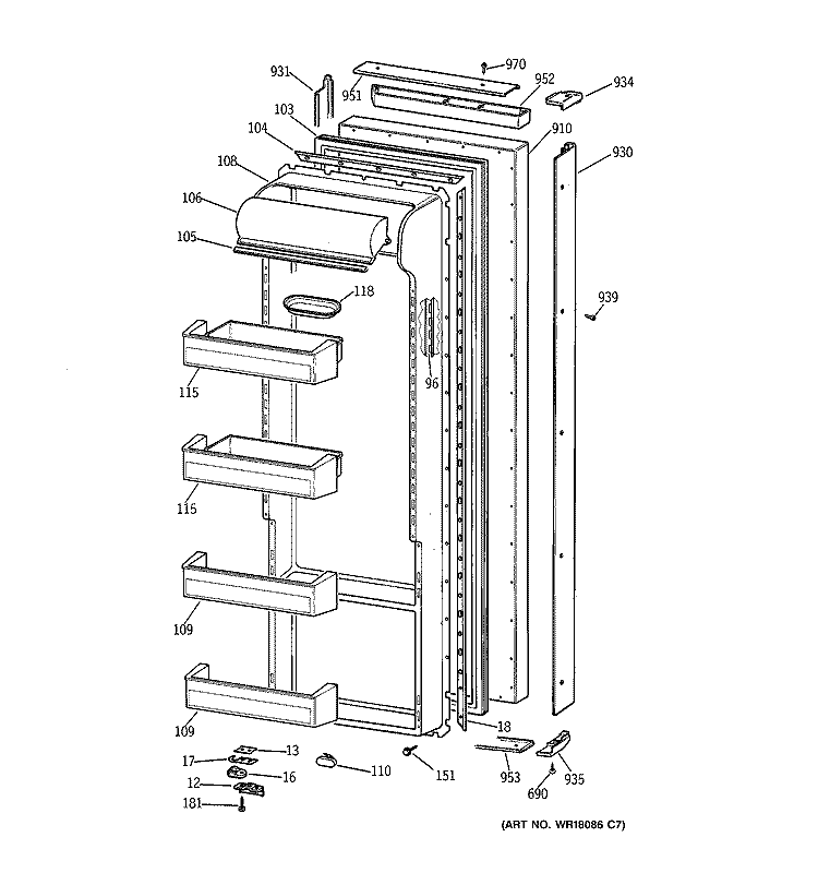 FRESH FOOD DOOR Diagram and Parts List for TPG21BRDABB  General Electric Refrigerator