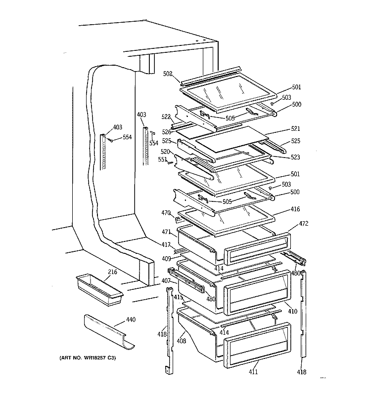 FRESH FOOD SHELVES Diagram and Parts List for TPG21BRDABB  General Electric Refrigerator