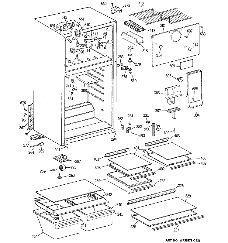 CABINET Diagram and Parts List for TBX18HACGRAA  General Electric Refrigerator