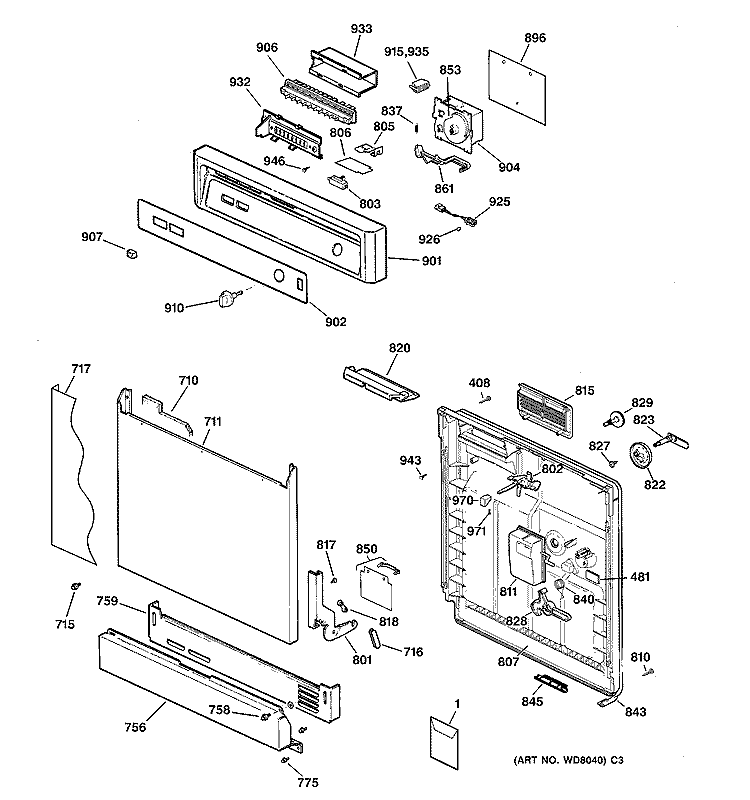 ESCUTCHEON & DOOR ASSEMBLY Diagram and Parts List for GSD3420Z07BB  General Electric Dishwasher