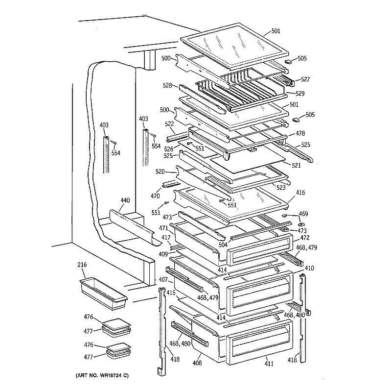 FRESH FOOD SHELVES Diagram and Parts List for TPG24BFDABB  General Electric Refrigerator