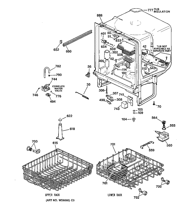 BODY PARTS Diagram and Parts List for GSD3310C07AA  General Electric Dishwasher