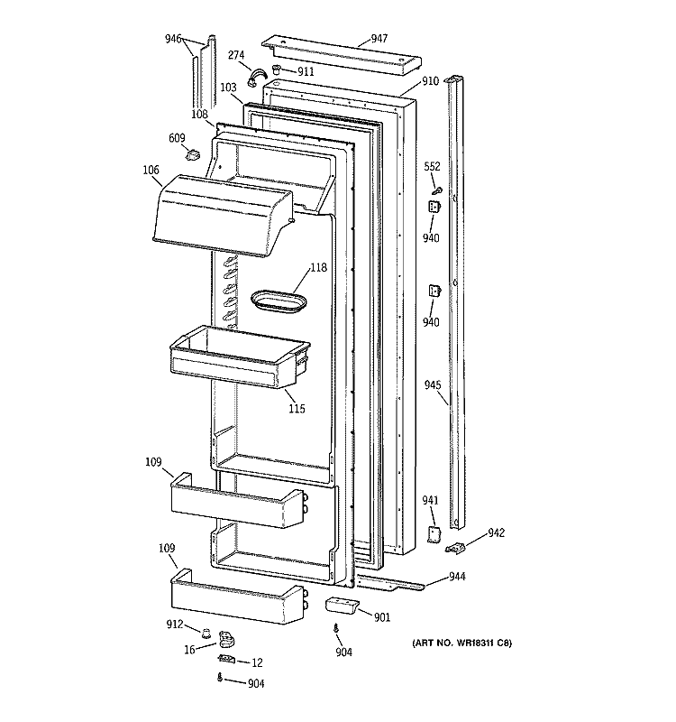 FRESH FOOD DOOR Diagram and Parts List for TPJ24BIDAWW  General Electric Refrigerator