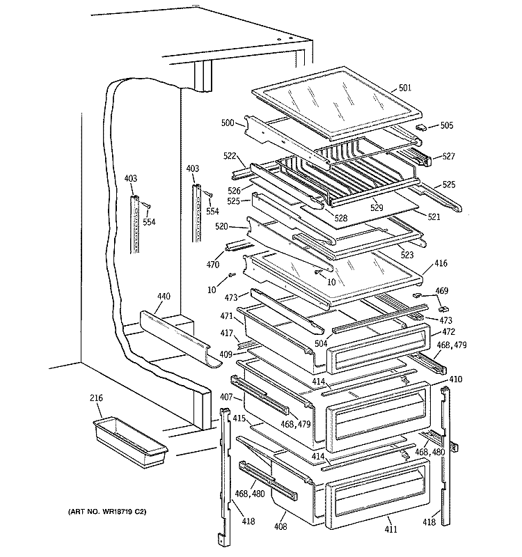 FRESH FOOD SHELVES Diagram and Parts List for TPJ24BIDAWW  General Electric Refrigerator