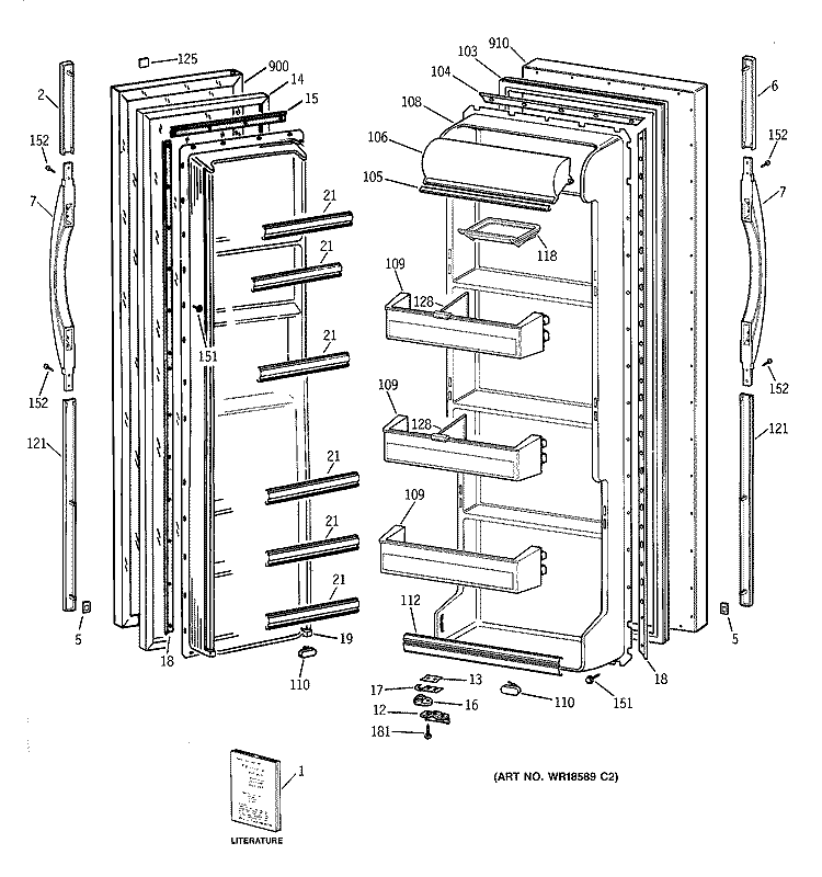 DOORS Diagram and Parts List for TFT20JABKWW  General Electric Refrigerator