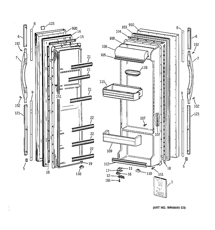DOORS Diagram and Parts List for TFG25PADAWW  General Electric Refrigerator