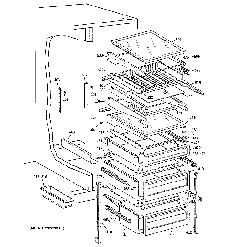 FRESH FOOD SHELVES Diagram and Parts List for TFG25PADAWW  General Electric Refrigerator