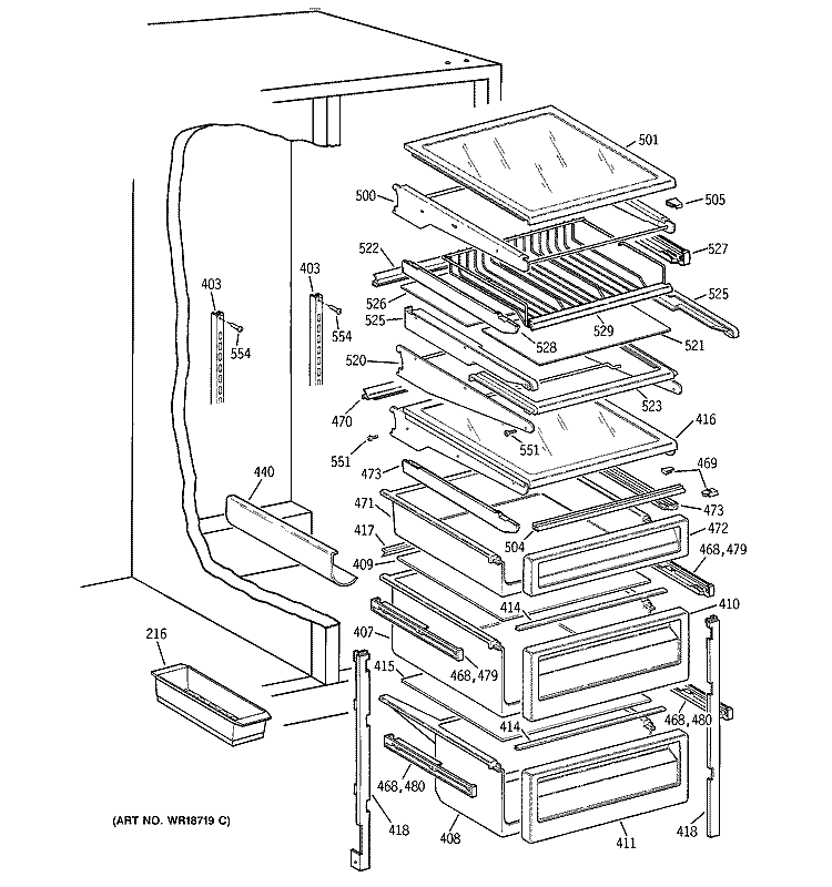 FRESH FOOD SHELVES Diagram and Parts List for TFG26PEDAWH  General Electric Refrigerator