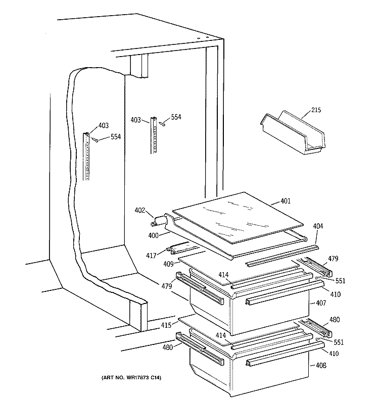 FRESH FOOD SHELVES Diagram and Parts List for MRSC20KWBKWH  General Electric Refrigerator