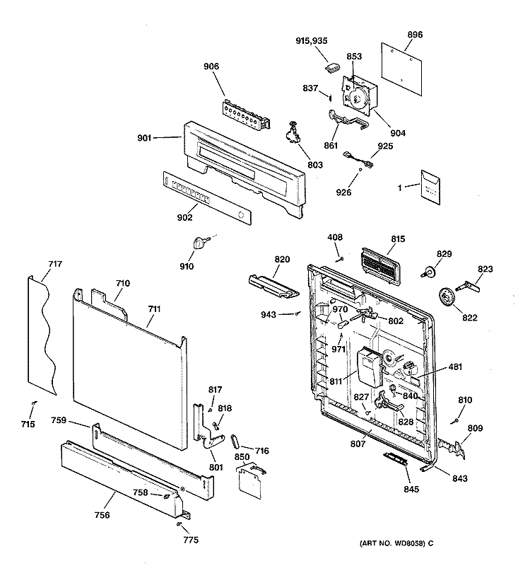 ESCUTCHEON & DOOR ASSEMBLY Diagram and Parts List for GSD3732D01WW  General Electric Dishwasher