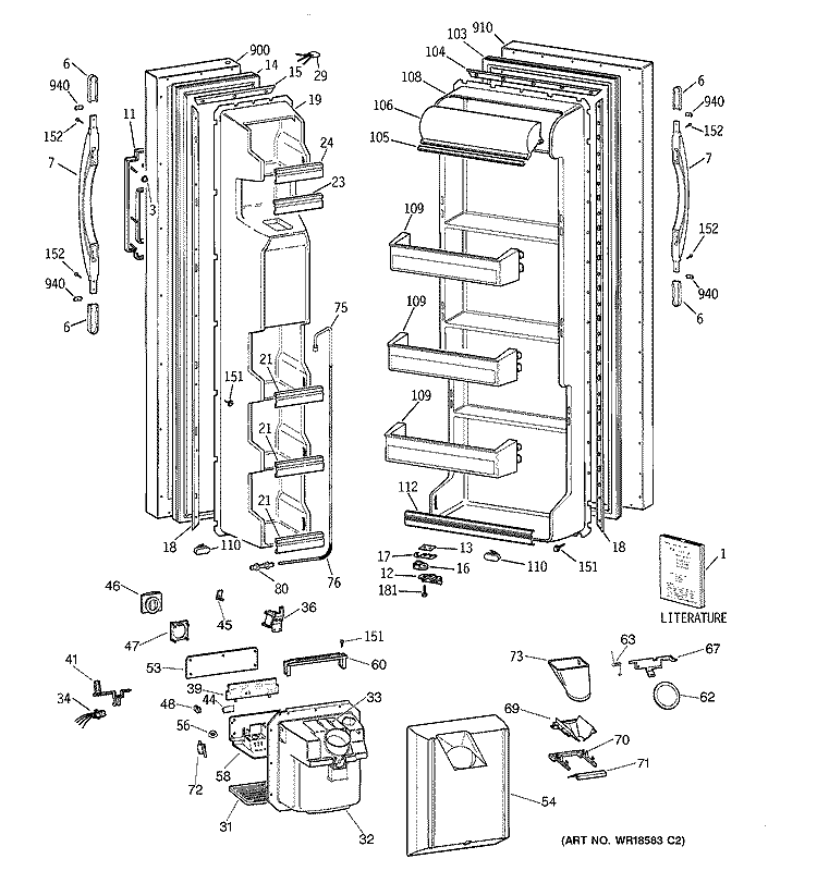 DOORS Diagram and Parts List for MRSC20KWBGAD  General Electric Refrigerator